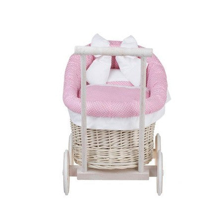 Whitewashed Wicker Doll Pram Luna – Pink Bedding